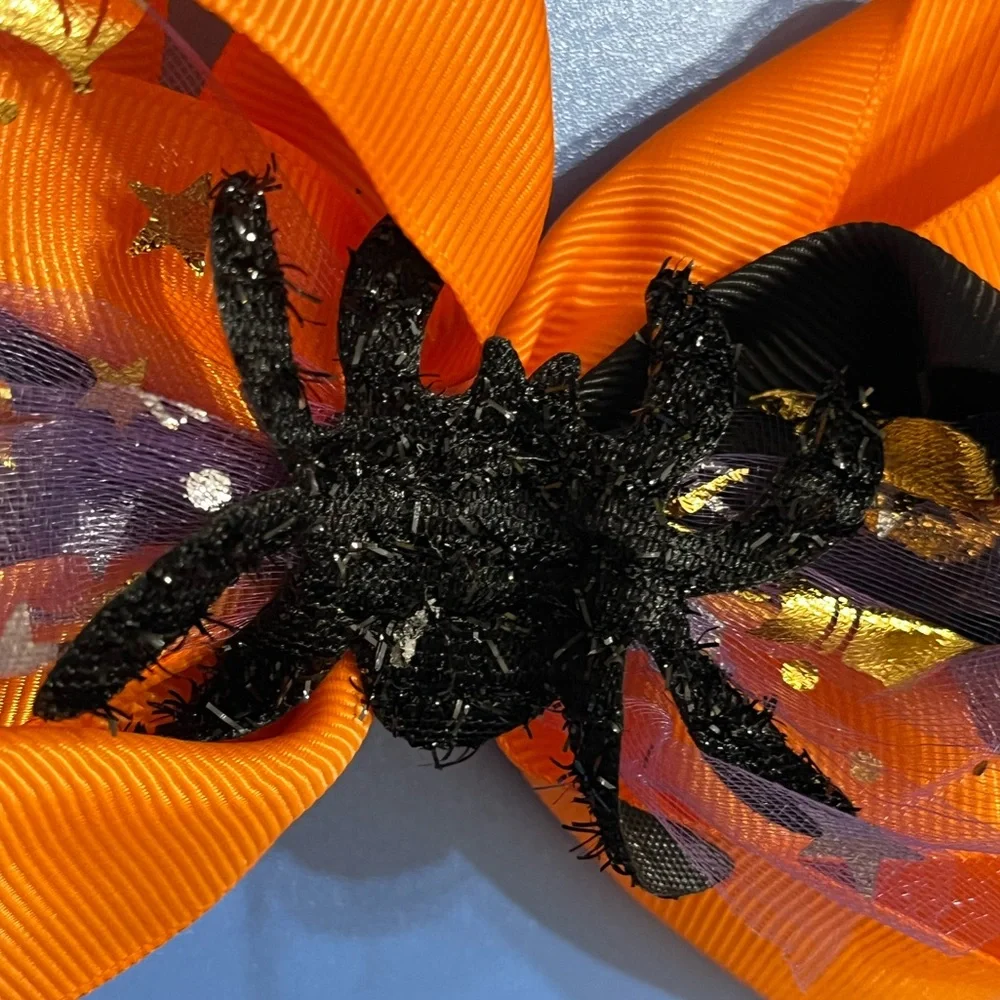 🕷️ NEW Creepy Spider Halloween Hair Bow – Orange & Black